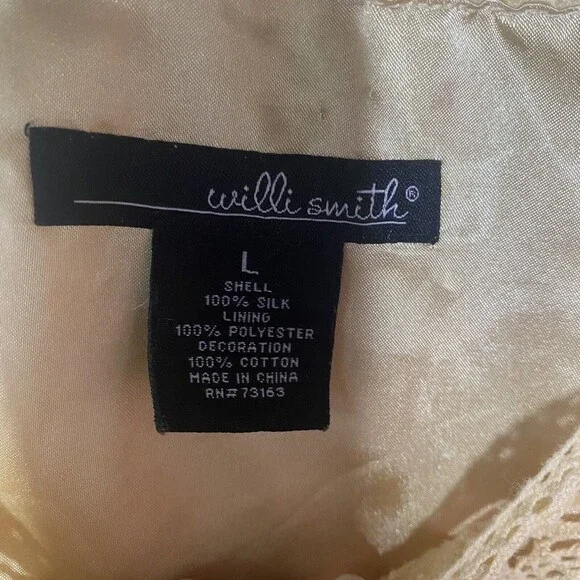 WILLI SMITH Women Silk Large Sheer Gold Yellow Long Sleeve Boho Top Crochet - Picture 5 of 7